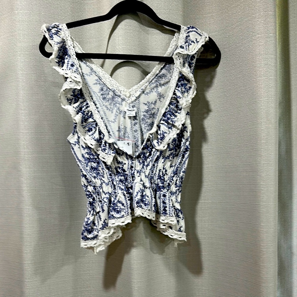 Urban Outfitters Blue and White Ruffle Blouse